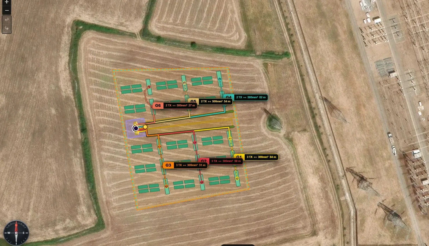 Kia BESS electrical design with MV transformer groups, cable cross-sections and routed lengths on satellite imagery