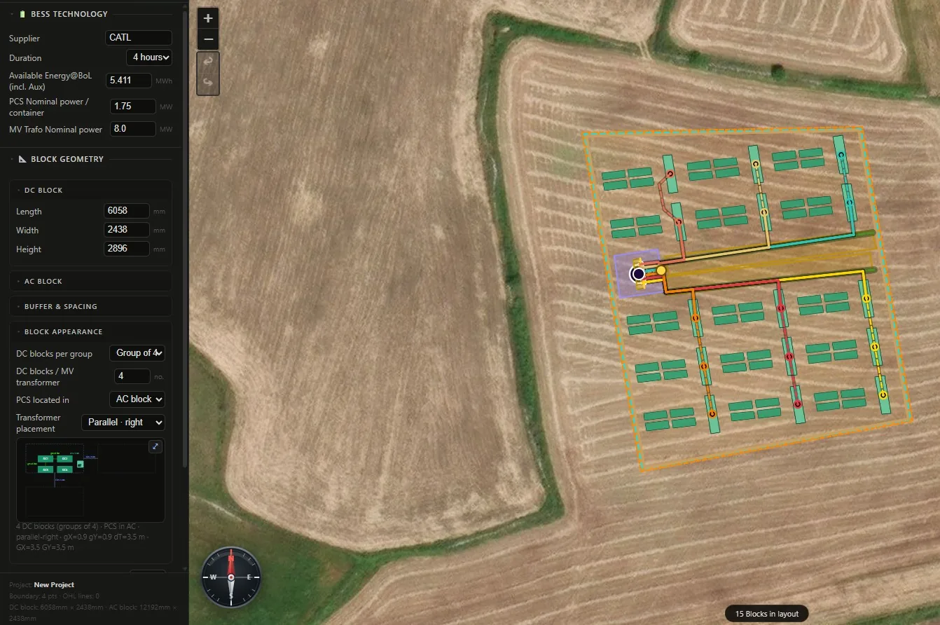 Kia BESS technology panel with supplier, duration, energy and block geometry over a satellite site layout