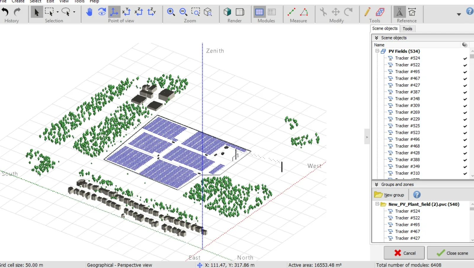 PVC scene exported from Kia PV opened in PVsyst, with 534 tracker fields and 6408 modules in the 3D shading scene